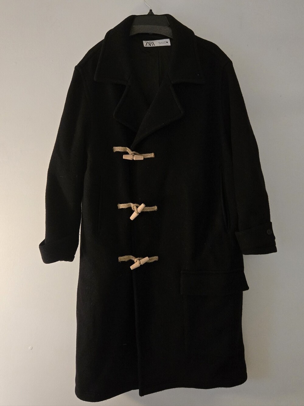 Zara Black Toggle Pea Wool Coat with Natural Rope Fastenings